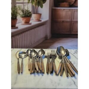 MCM Stainless Flatware Set Faux Wood Handles Scroll Detail 23 Piece Mixed